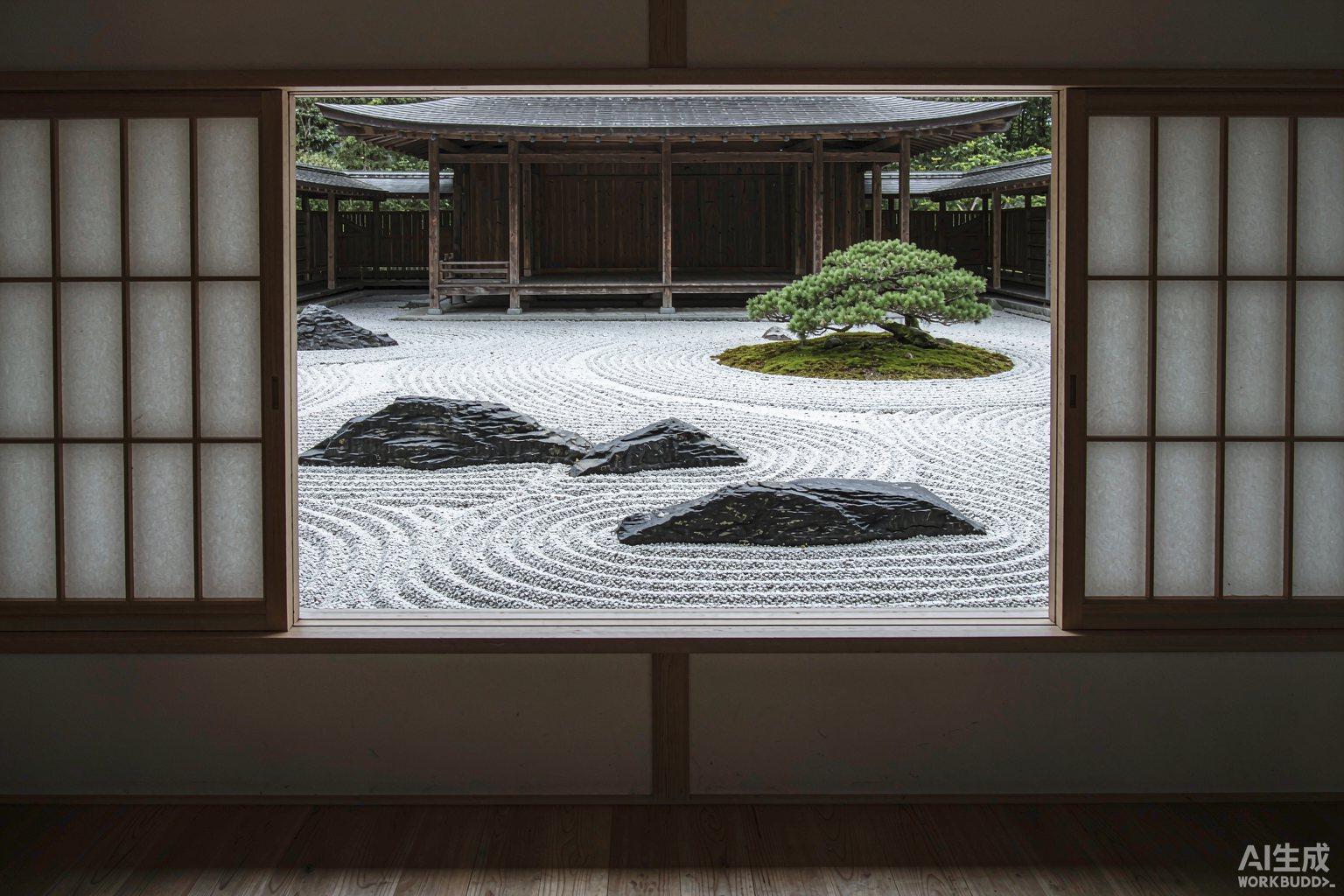 黄昏中的木平台与黑松庭院