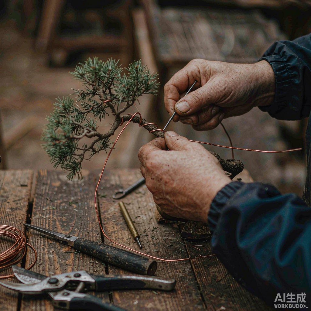 何栋良为松枝缠绕铝线造型