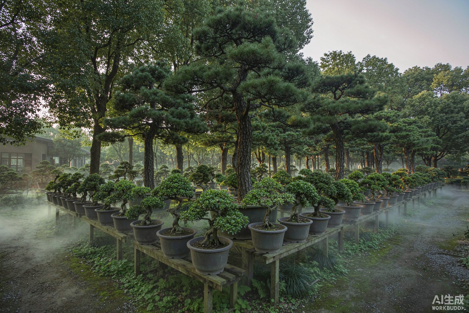 苗圃中整齐陈列的盆景与松树
